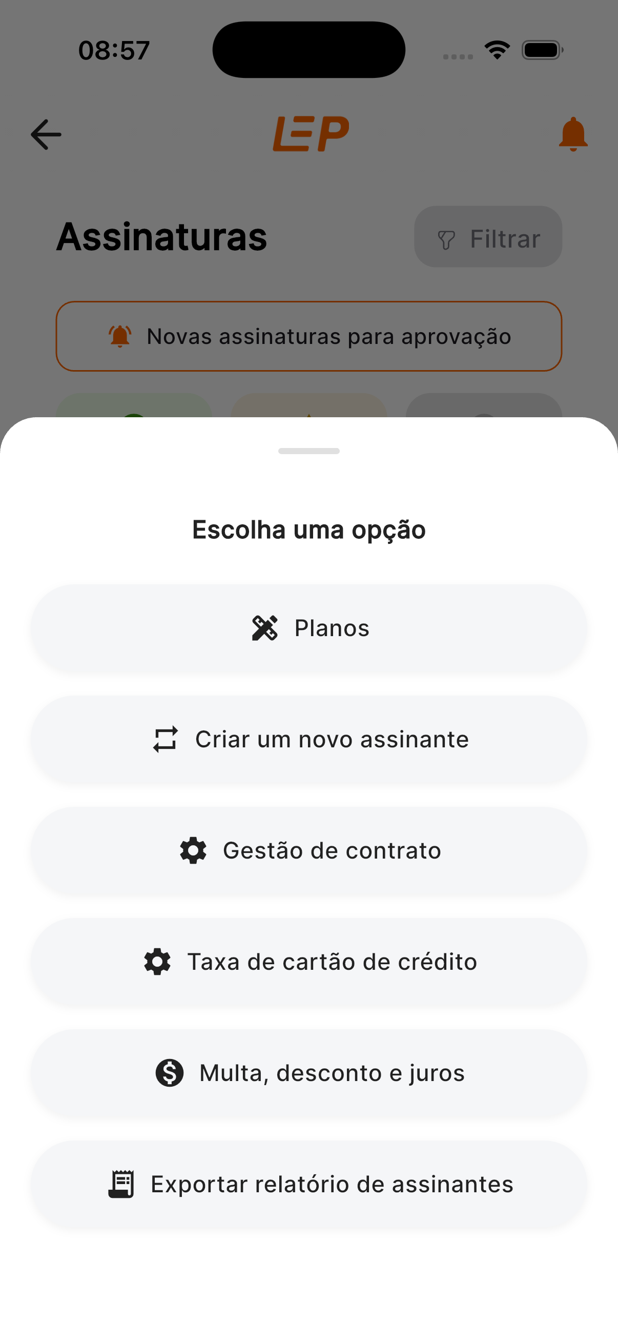Botão Planos no menu do profissional do LEP App