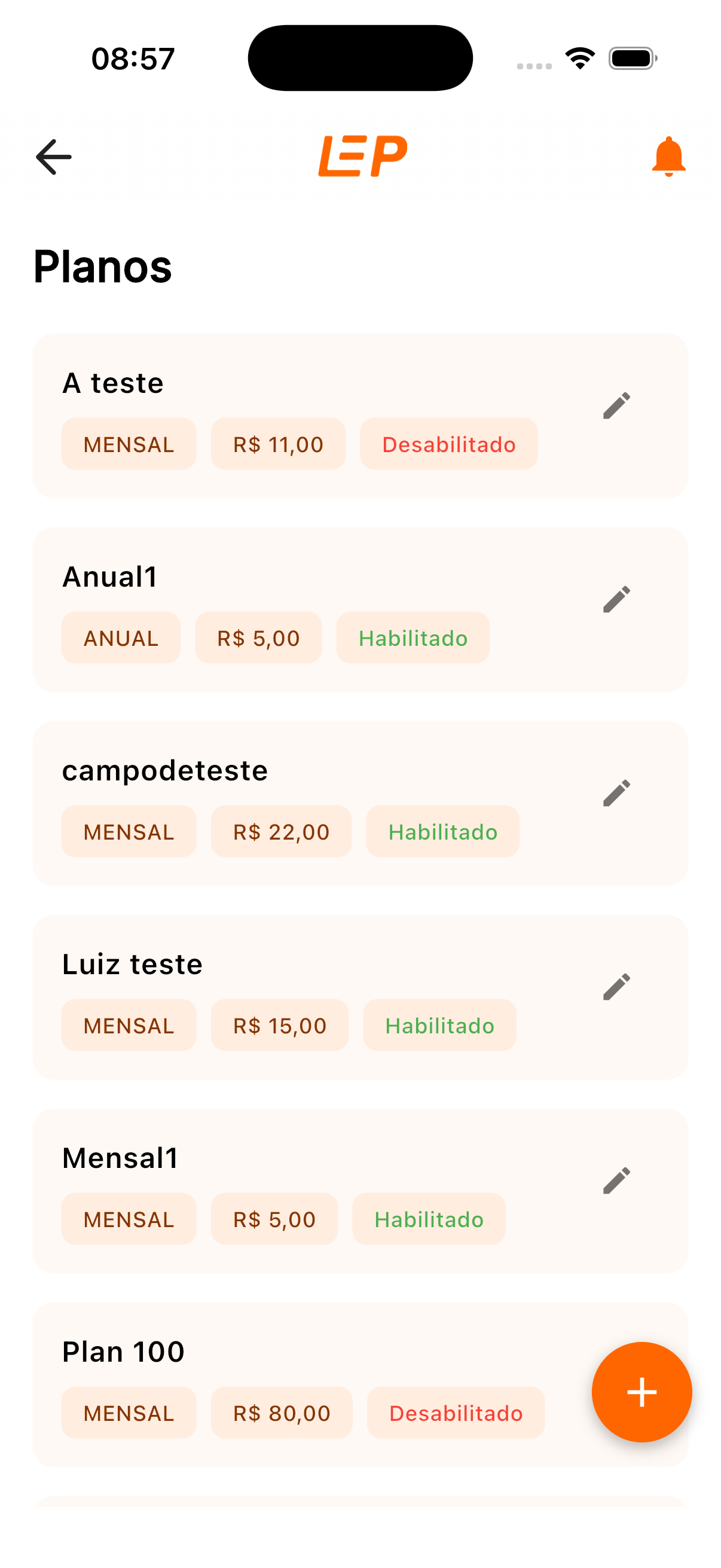 Tela de Planos com a opção Criar Plano (botão de adição) no LEP App