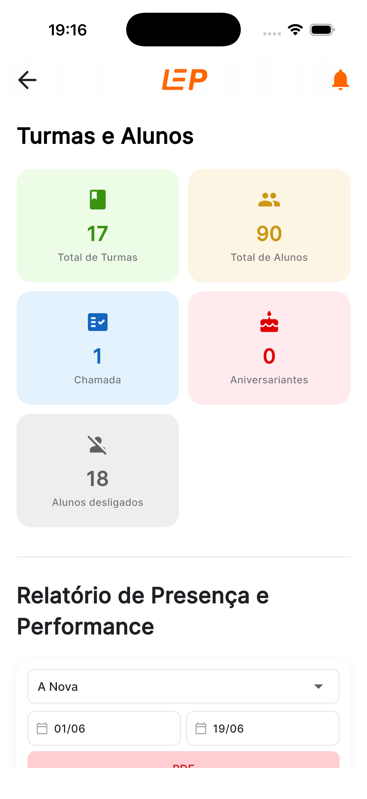 Tela inicial do profissional no LEP App com os contadores de Turmas e Alunos.